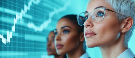 Aufkleber - Futuristic Business Collaboration Diverse Professionals in Trendy Corporate Attire Analyzing Dynamic Digital Financial Trends for Innovative Market Solutions