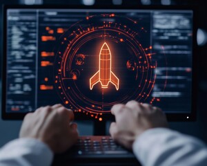 Aufkleber - Futuristic Aerospace Data Interface Neon Digital Display with Rocket Trajectory Visualization Innovating Computational Systems for Advanced Engineering Solutions