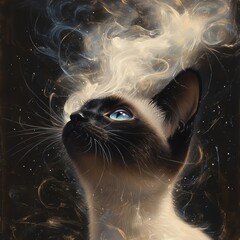 Wall Mural - capture siamese cat releasing a stream of smoke where the word 'meow' faintly emerges within the art