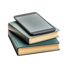 Modern tablet resting on two stacked books against a transparent background