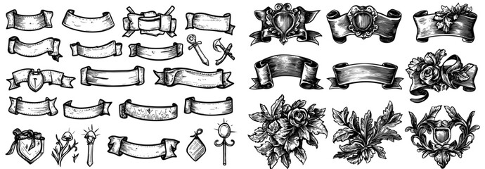 A collection of modern decorative banners with a vintage design, including simple ribbons, hand-drawn blank tape, and label tags.