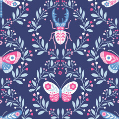 Wall Mural - Seamless vector pattern with hand drawn butterfly, dragonfly and stag beetle in floral wreath. Cute patterned insect illustration. Perfect for textile, wallpaper or print design. EPS10 vector file.