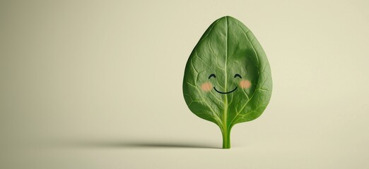 Wall Mural - Smiling Leaf Character Representing Nature's Joy and Freshness, Vibrant Green Leaf with Happy Face, Minimalist Background, copy space for text