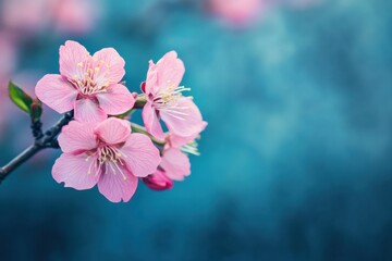 Poster - Beautiful pink cherry blossom flowers blooming against a soft blue background in spring sunlight, evoking tranquility and renewal. Generative AI