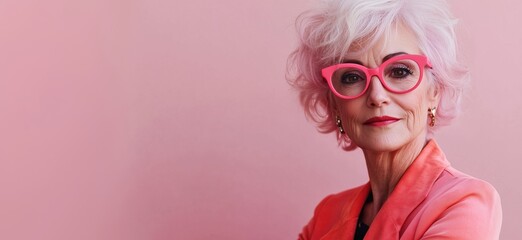 Stylish elderly woman with pink glasses and pastel pink background, showcasing modern fashion and confidence, copy space for text