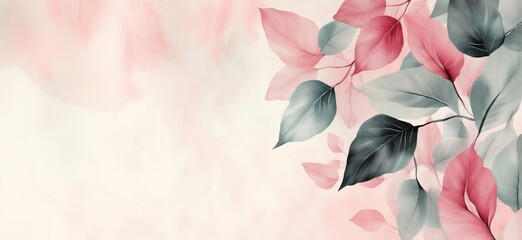 Sticker - Delicate watercolor leaves in soft pink and gray tones, creating a serene and elegant botanical design, copy space for text