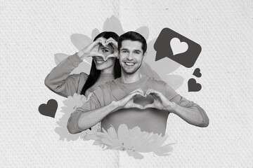 Poster - Romantic photo collage poster postcard of two happy attractive people demonstrate you heart shape isolated on painted background