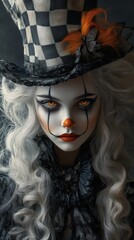 Wall Mural - digital portrait of mysterious girl clown long curly white hair wearing a tilted blackandwhite check