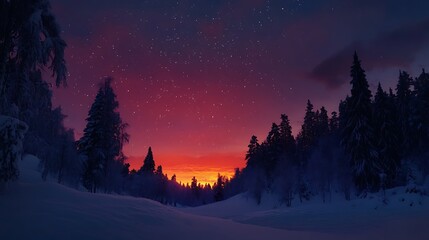 Winter sunset over snow-covered forest, peaceful scenery