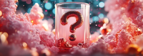 Poster - Glowing Question Mark Inside Transparent Glass on Pink Background with Colorful Bokeh and Soft Textures