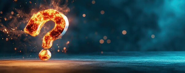 Poster - Glowing fiery question mark symbolizing uncertainty and curiosity in a dramatic blue and orange background