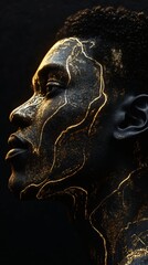 Wall Mural - Hyperrealistic 3D image of a black man with intricate contours in gold color the contours raised in relief set against a deep black background to enhance the vivid colors