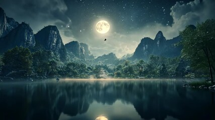 Wall Mural - Moonlit landscape reflects serene mountains and still lake at night under a starry sky