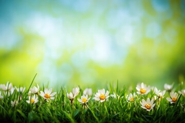Poster - Beautiful white flowers blooming in lush green grass surrounded by a vibrant blurred background in springtime. Generative AI