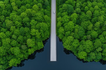 A bird's-eye view of a busy asphalt road with cars, a serene blue lake, and lush green woods in Finland