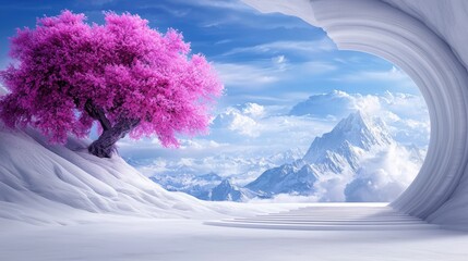 Wall Mural - Pink tree winter mountain fantasy landscape