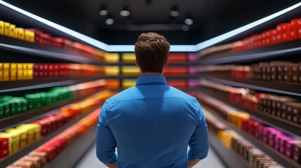 Traveler browsing duty free shelves filled with chocolates and gift boxes bright welcoming atmosphere ideal for travel themed shopping 