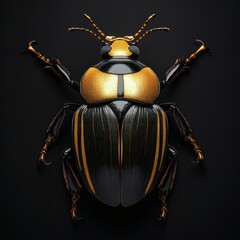 Wall Mural - Stunning highresolution 3D image of a black beetle showcasing golden contours that rise in relief Set against a deep black background the colors create a dramatic visual contrast