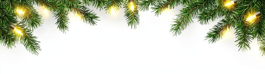 Wall Mural - Elegant Christmas border featuring evergreen branches and strings of holiday lights on a clear background