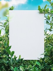 Fototapete - Blank canvas surrounded by vibrant green foliage against a bright blue sky during a sunny day outdoors. Generative AI