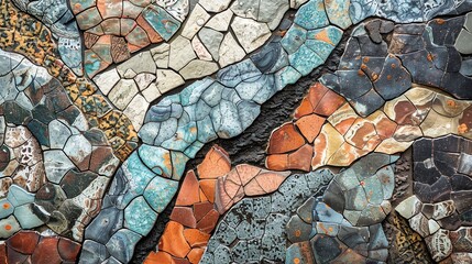 Poster - Colorful mosaic made of small and large pieces of marble in blue, brown and beige colors.