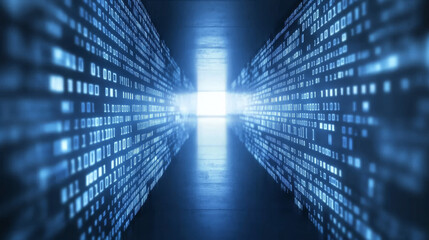 Digital tunnel with glowing binary code leading to bright light