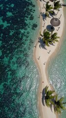 Aufkleber - Emerald islets surrounded by bright blue water, connected by small sandy causeways, with palm-leaf umbrellas offering shade from the scorching sun.