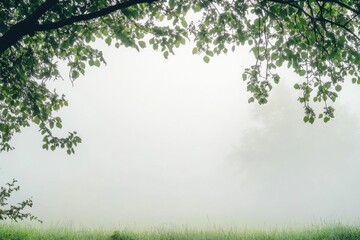Poster - Mystical morning fog envelops a tranquil green landscape at dawn, creating a serene and peaceful atmosphere. Generative AI