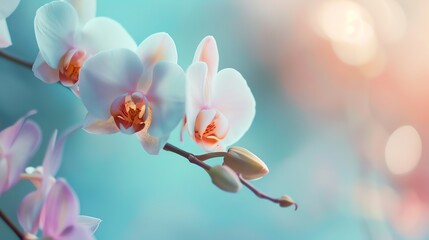 Wall Mural - a beautiful close-up of a white orchid flower with a blurred background in soft pastel colors.