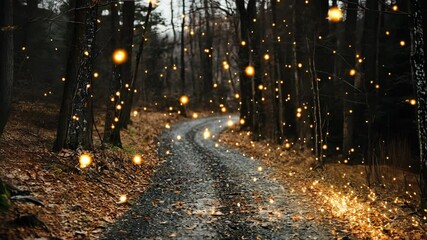 Wall Mural - Enchanting forest path illuminated by glowing orbs on a cool autumn evening