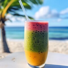 Colorful tropical smoothie served on a beach table with ocean view and palm trees in the background