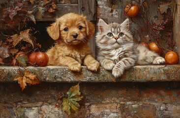 Wall Mural - Portrait of a Slovakian Hound puppy and a Scottish Straight kitten, close-up, side view, isolated on a white background