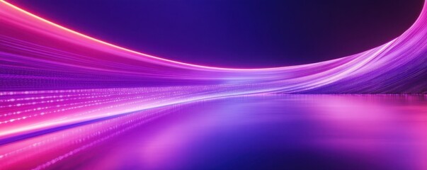 Wall Mural - A vibrant, abstract background featuring flowing lines of pink and purple light over a reflective surface.