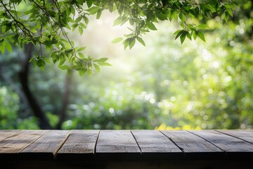 Poster - Empty wooden tabletop ready for text, set against a lush green backdrop illuminated by sunlight in a serene outdoor setting. Generative AI