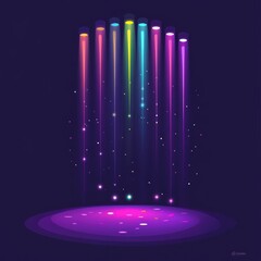 Wall Mural - Colorful light beams descend onto stage.  Background is dark, suitable for tech or music