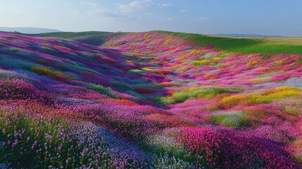 Wall Mural - Colorful flowers carpet hills under blue skies, perfect for nature or landscape publications