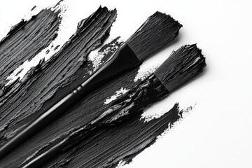 Aufkleber - Black paint and brushes create an artistic display of texture and contrast on a white canvas background