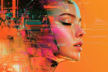 Poster - Colorful portrait of a woman blending technology and art in a vibrant digital setting