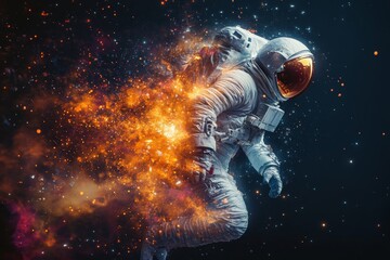 Aufkleber - Astronaut floating in space surrounded by colorful cosmic explosions and stellar formations