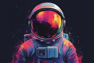 colorful astronaut in vibrant cosmic background with swirling colors and abstract elements represent