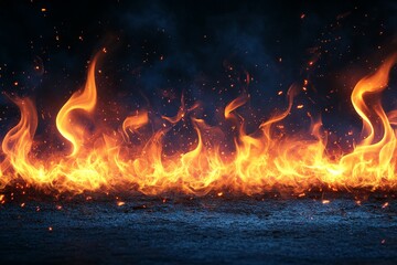 Aufkleber - Flames rise and dance against a dark background creating a dramatic effect with bright orange and yellow hues