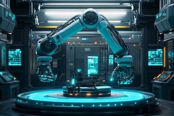 Poster - Robotic arm in a futuristic lab setting performing precision tasks with glowing interfaces