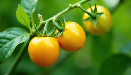 Wall Mural - Yellow tomatoes ripening on a verdant branch amidst lush leaves, plant, blossom