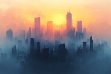 Poster - Sunrise over a city skyline with mist and vibrant colors filling the sky