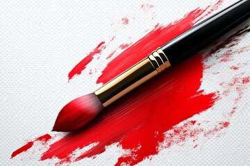 Poster - Bright red paintbrush creating bold strokes on white canvas in an artistic workspace