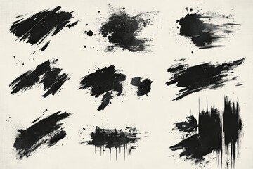 Poster - Black brush strokes and splatters on a beige background create an artistic texture useful for various design projects