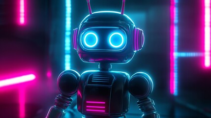 Neon Lights Illuminate Futuristic Robot Character in a 3D Rendered Concept. 