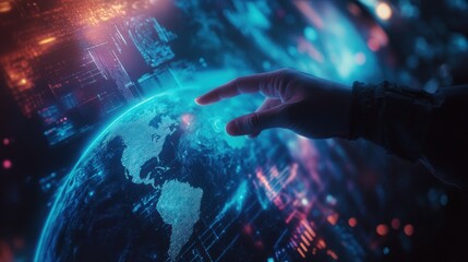 Wall Mural - hand interacting with a digital globe displaying global data.