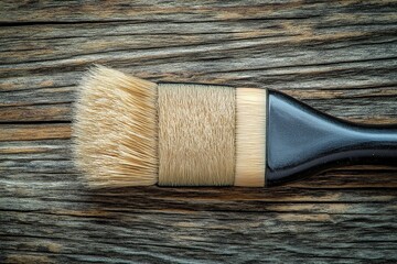 Poster - Artisan brush resting on rustic wood, showcasing craftsmanship and texture in a creative workspace