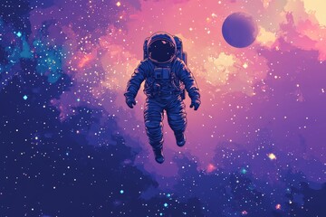 Aufkleber - Astronaut floating in vibrant cosmic space with colorful nebula and distant planet